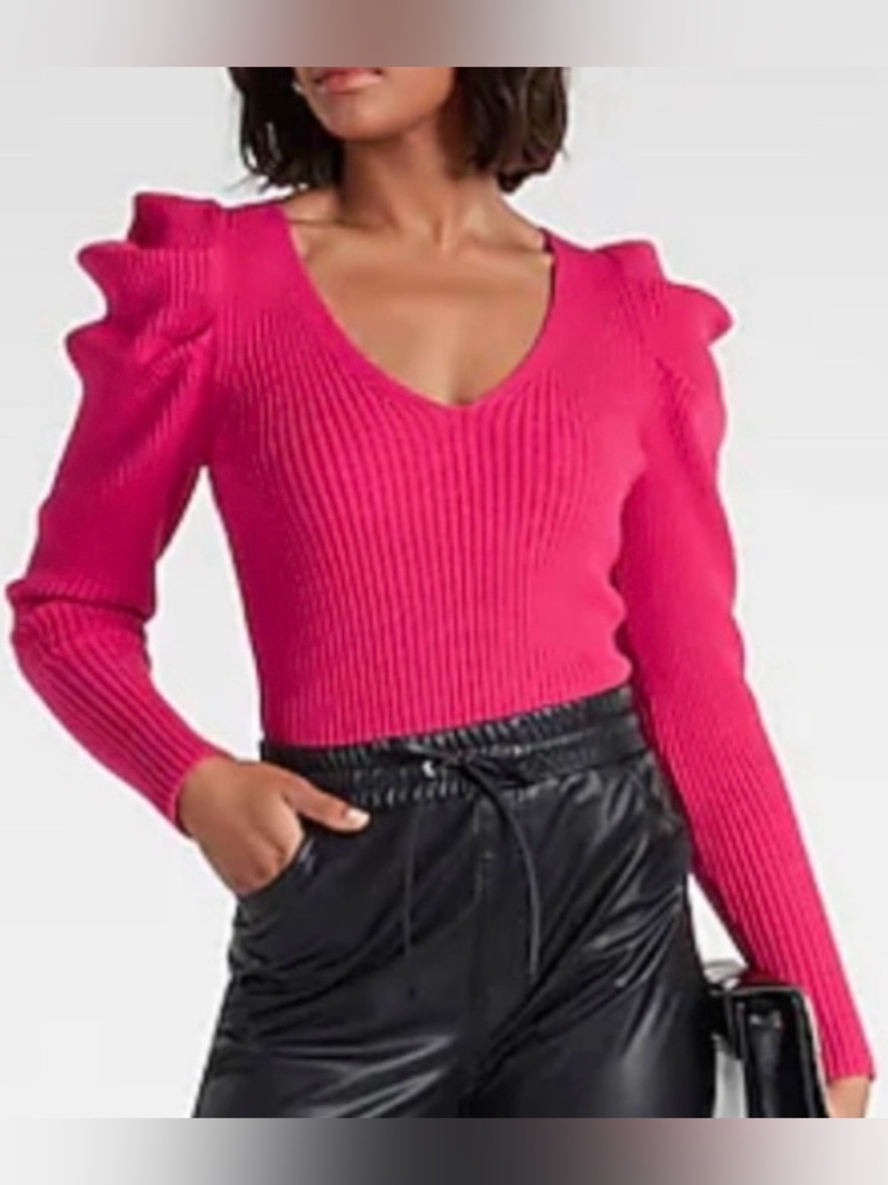 Express Hot Pink V-Neck Puff Shoulder Sweater